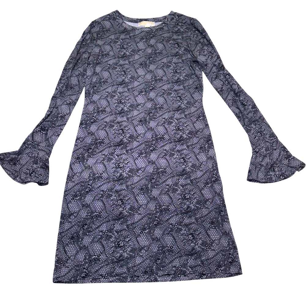 Michael Michael Kors Black Grey Lace Print Bell Sleeve Shift Dress Medium